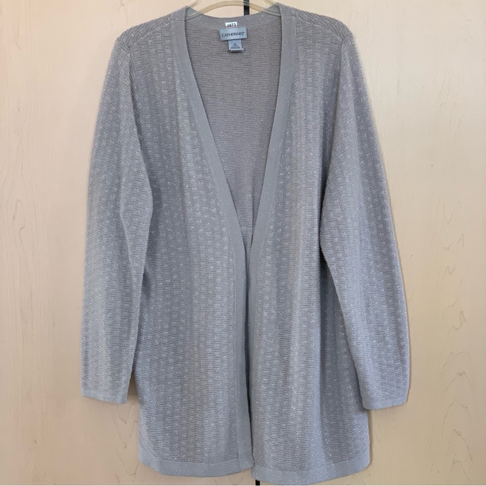 Catherines Women's Metallic Shimmer Open Cardigan Sweater‎ Gray Plus 1X (15/20W)